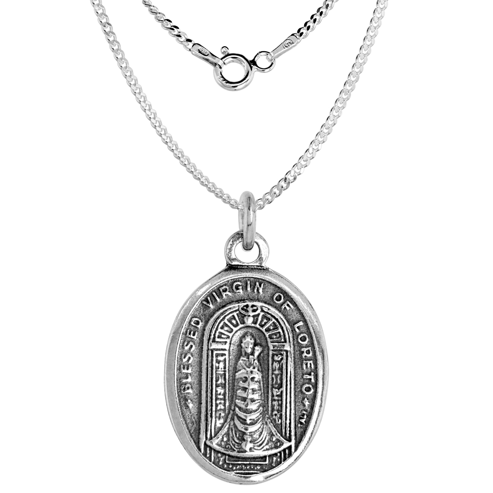Sterling Silver Blessed Virgin of Loreto Medal Necklace Oxidized finish Oval 1.8mm Chain