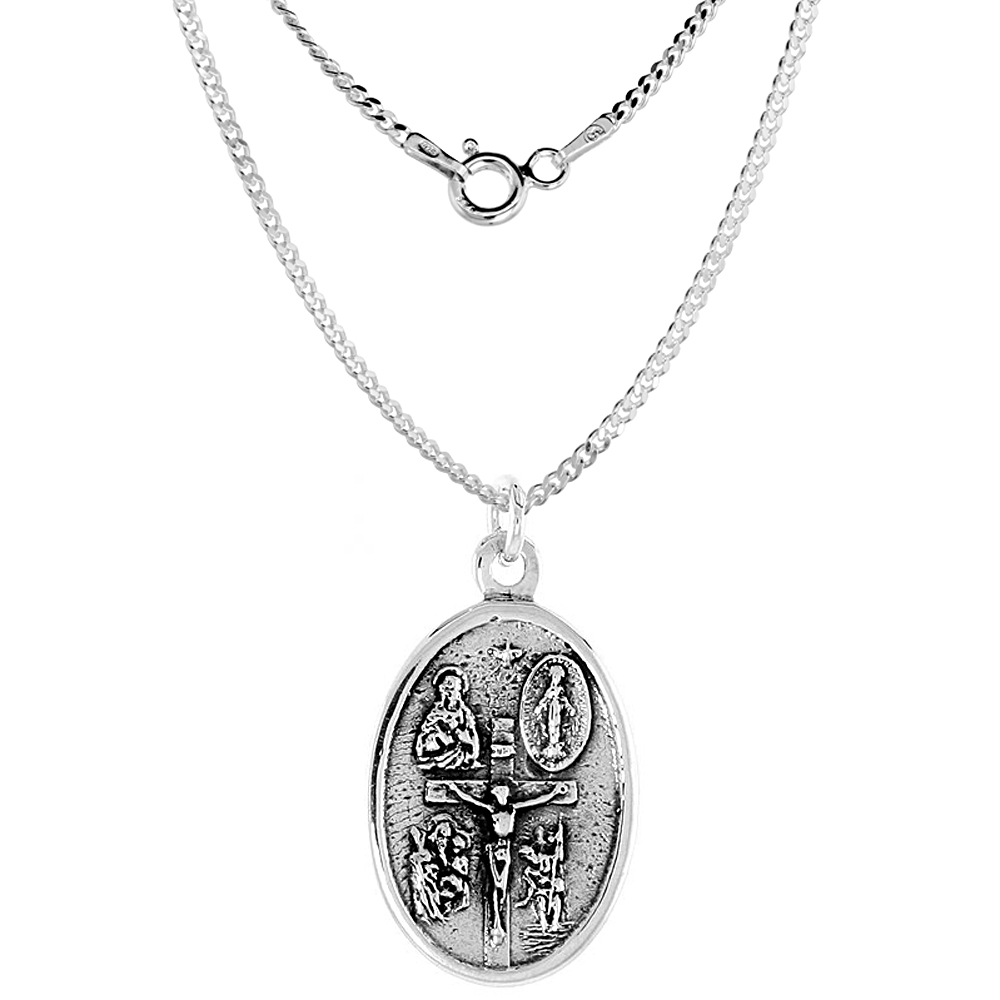 Sterling Silver Oval Four Way Medal Pendant Oxidized finish Oval 1 inch