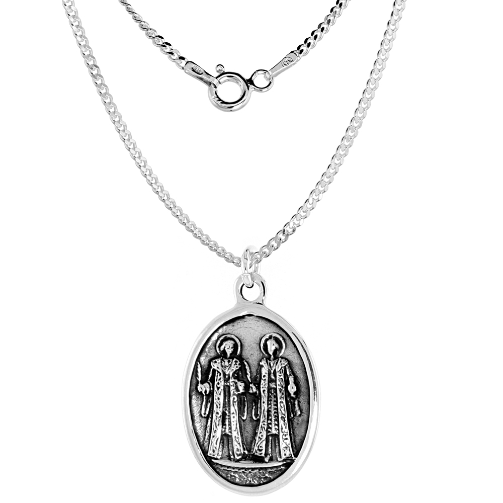 Sterling Silver St Gabriel&#039;s Conference Medal Necklace Oxidized finish Oval 1.8mm Chain