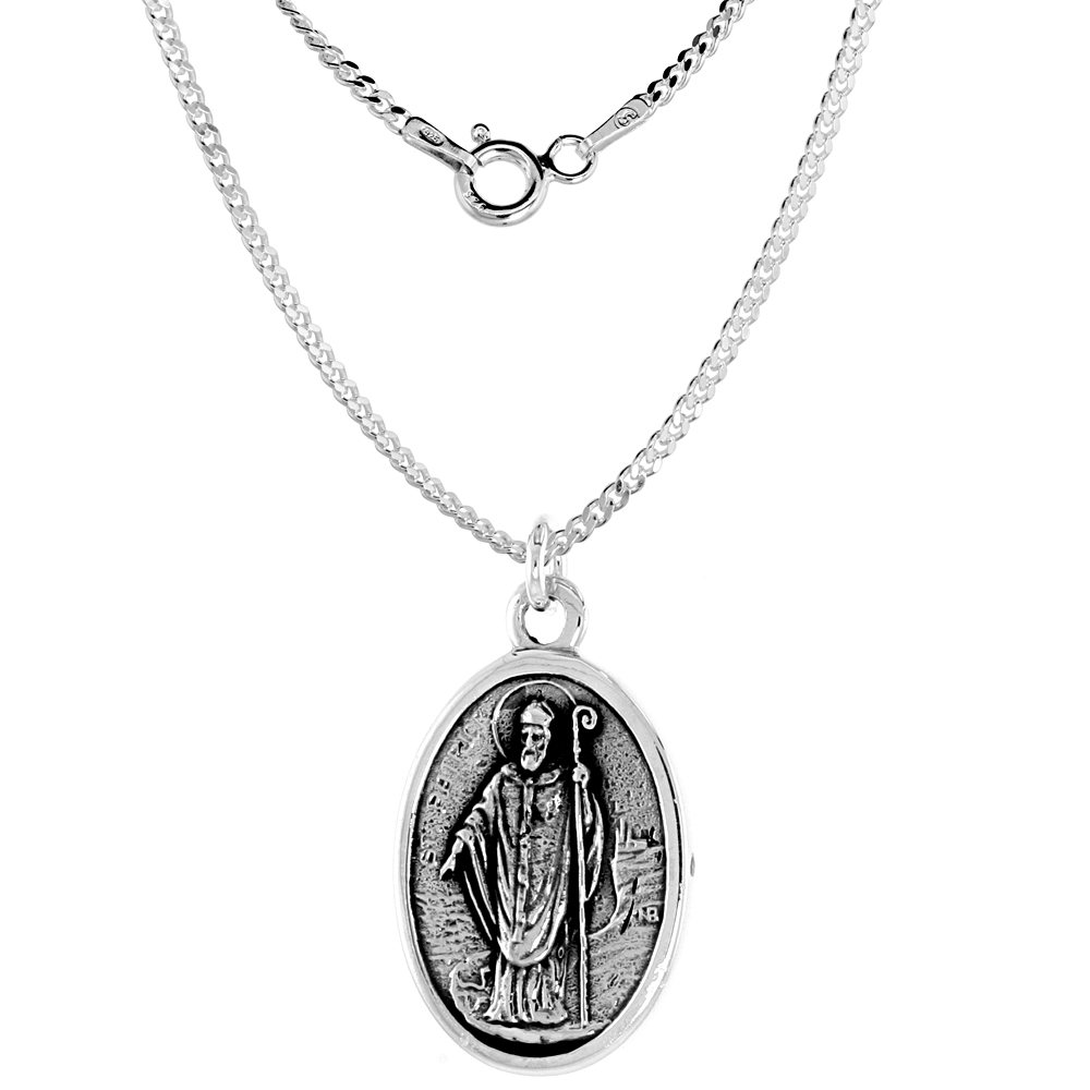 Sterling Silver St Patrick and St Bridget Medal Necklace Oxidized finish Oval 1.8mm Chain