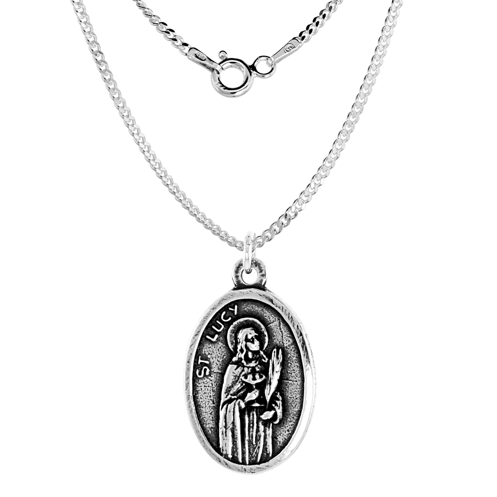 Sterling Silver St Lucy and Sacred Heart Medal Pendant Oxidized finish Oval 1 inch