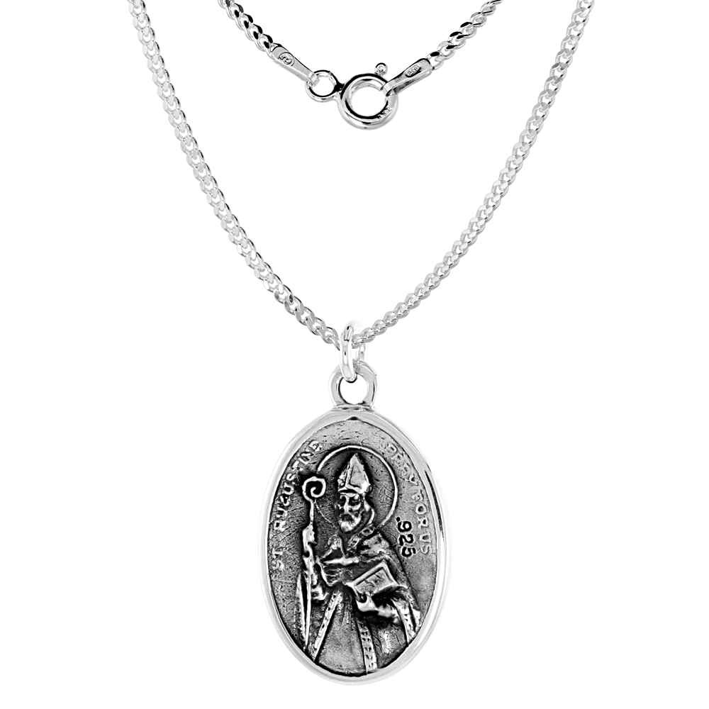 Sterling Silver St Monica and St Augustine Medal Necklace Oxidized finish Oval 1.8mm Chain