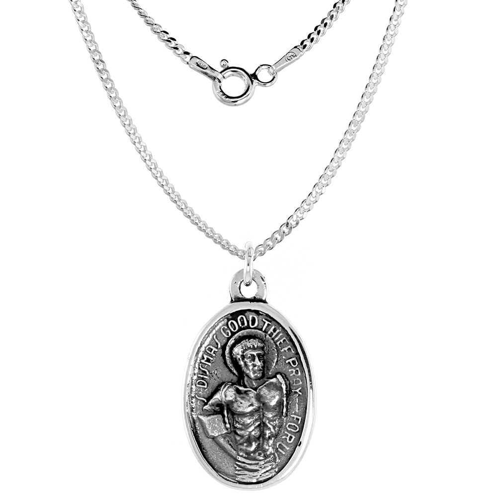 Sterling Silver St Dismas The Good Thief Medal Pendant Oxidized finish with Sacred Heart Oval 1 inch