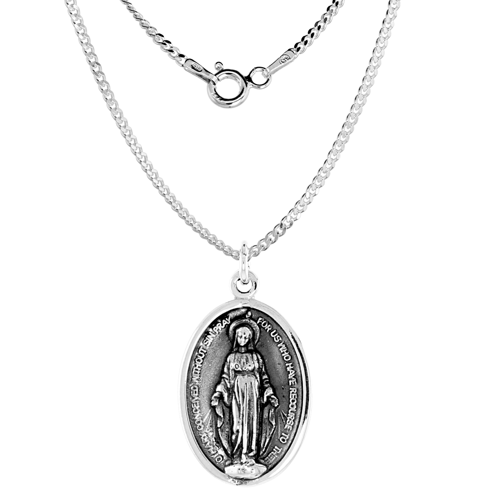 Sterling Silver St Catherine Laboure Medal Necklace Oxidized finish Oval 1.8mm Chain