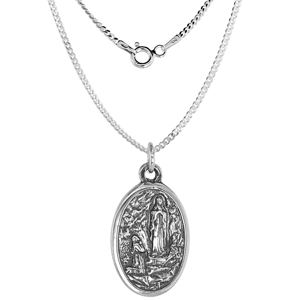 Sterling Silver St Bernadette and Ascension of Virgin Mary Medal Necklace Oxidized finish Oval 1.8mm Chain
