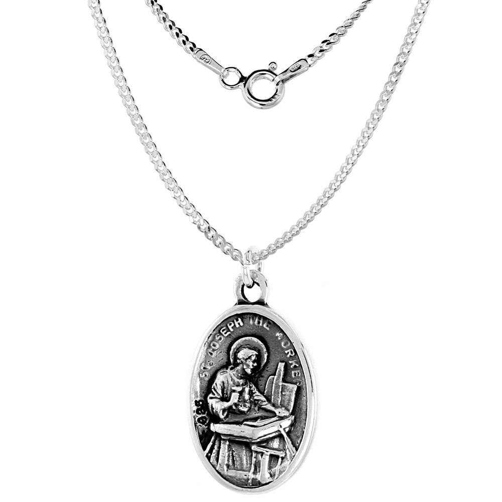 Sterling Silver St Joseph and St Dymphna Medal Pendant Oxidized finish Oval 1 inch