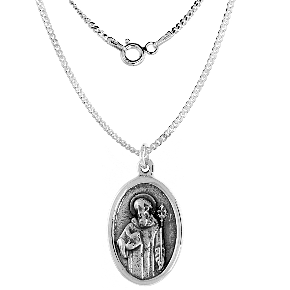 Sterling Silver Saint Benedict Medal Pendant Oxidized finish 1 inch Oval with No Chain