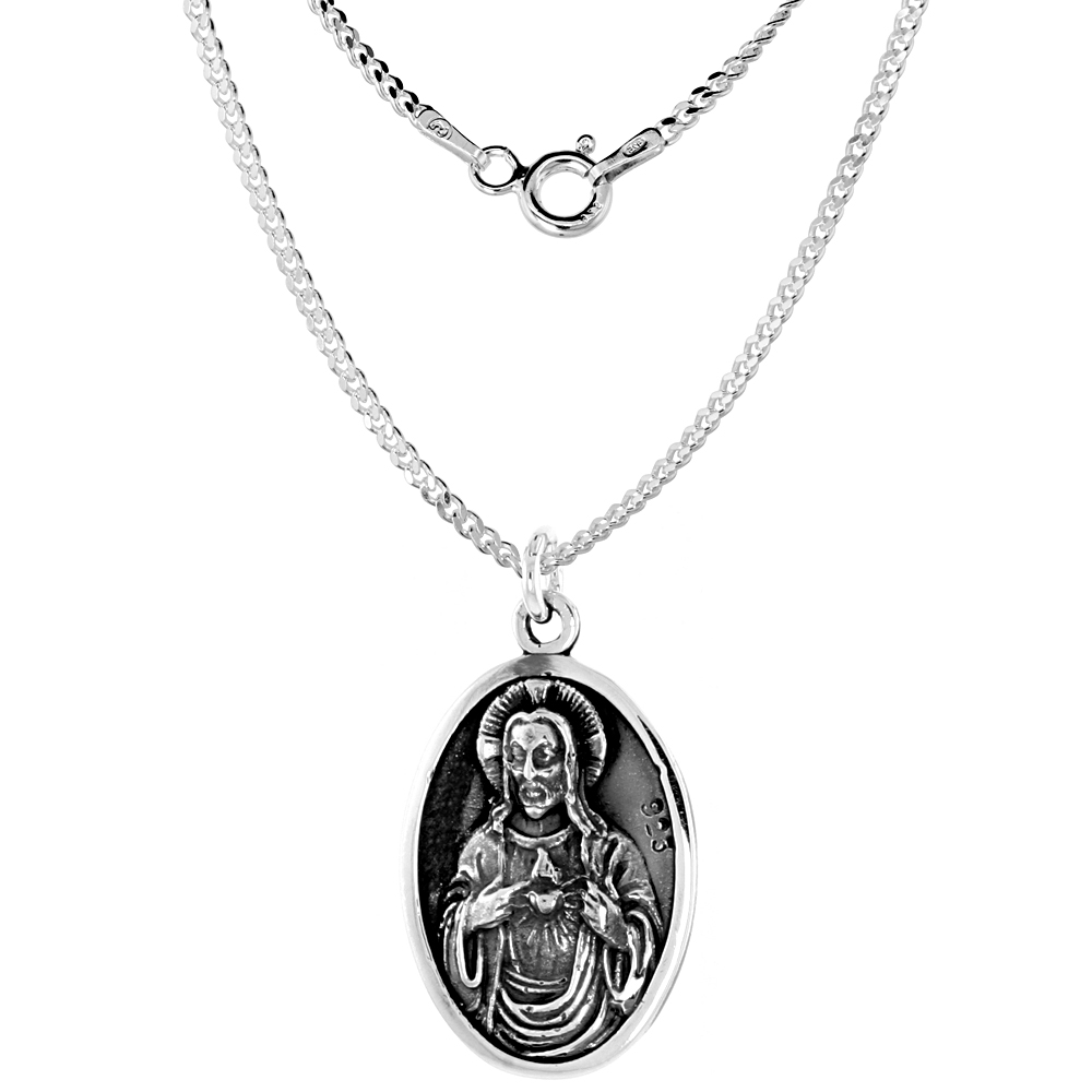 Sterling Silver Sacred Heart and Virgin of Carmel Medal Necklace Oxidized finish Oval 1.8mm Chain