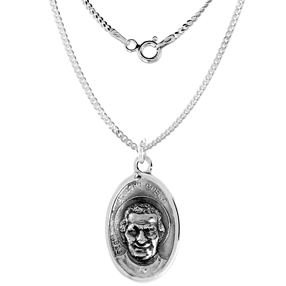 Sterling Silver St John Bosco Medal Necklace Oxidized finish Oval 1.8mm Chain