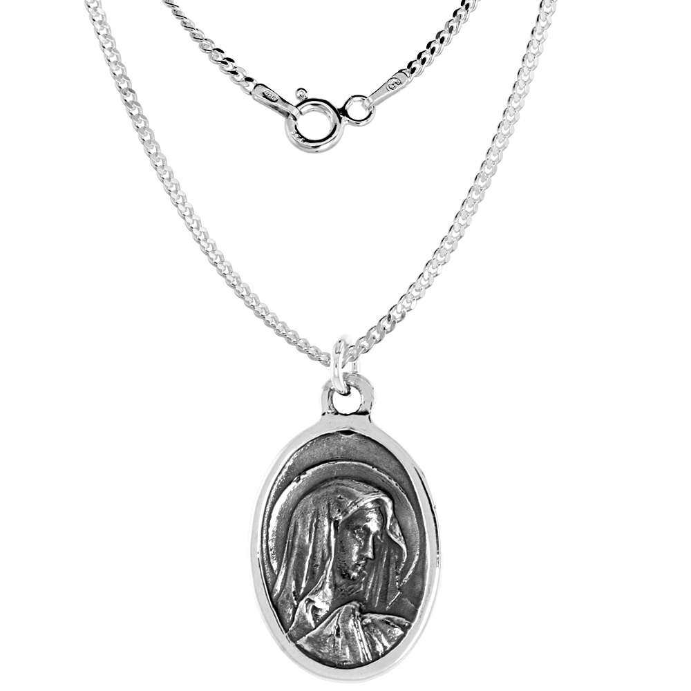 Sterling Silver Virgin Mary and St Peregrine Medal Necklace Oxidized finish Oval 1.8mm Chain
