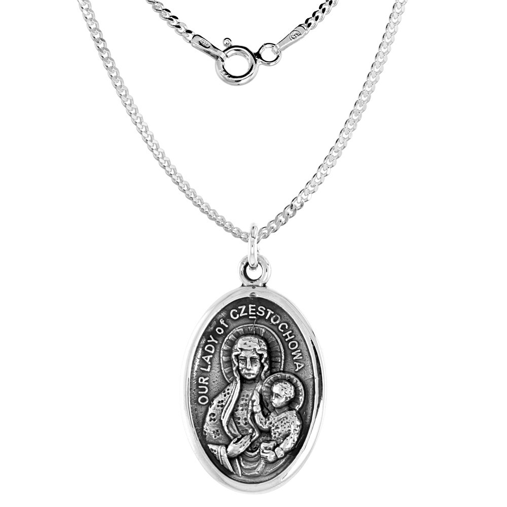 Sterling Silver Our Lady of Czestochowa Medal Necklace Oxidized finish Oval 1.8mm Chain