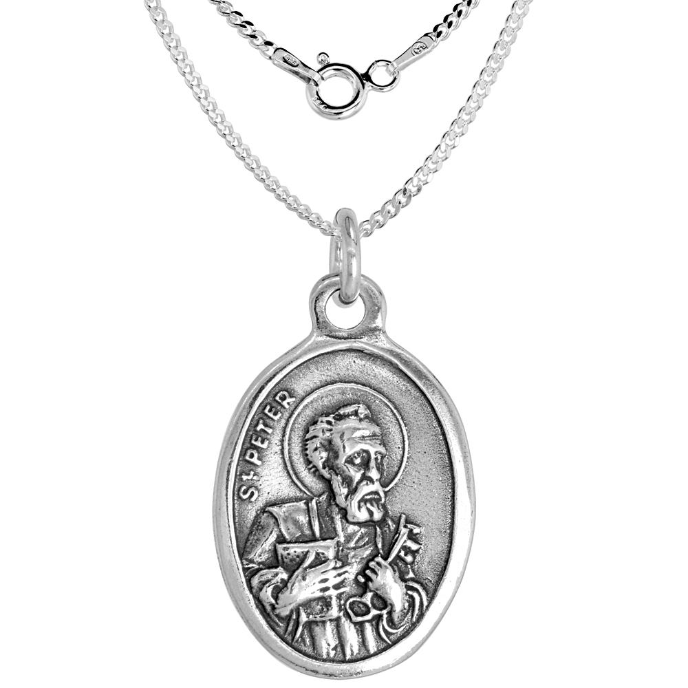 Sterling Silver St Peter and St Paul Medal Necklace Oxidized finish Oval 1.8mm Chain