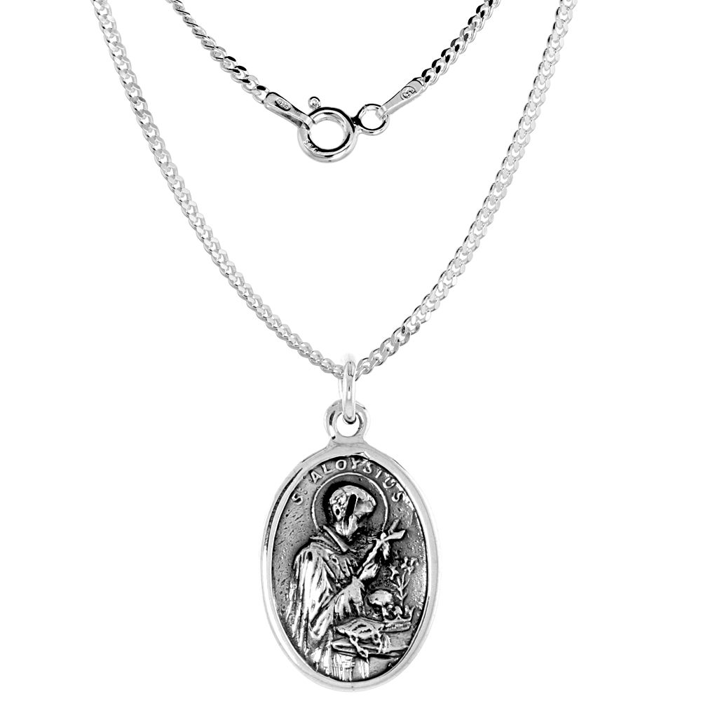 Sterling Silver St Aloysius and St Gabriel Medal Necklace Oxidized finish Oval 1.8mm Chain