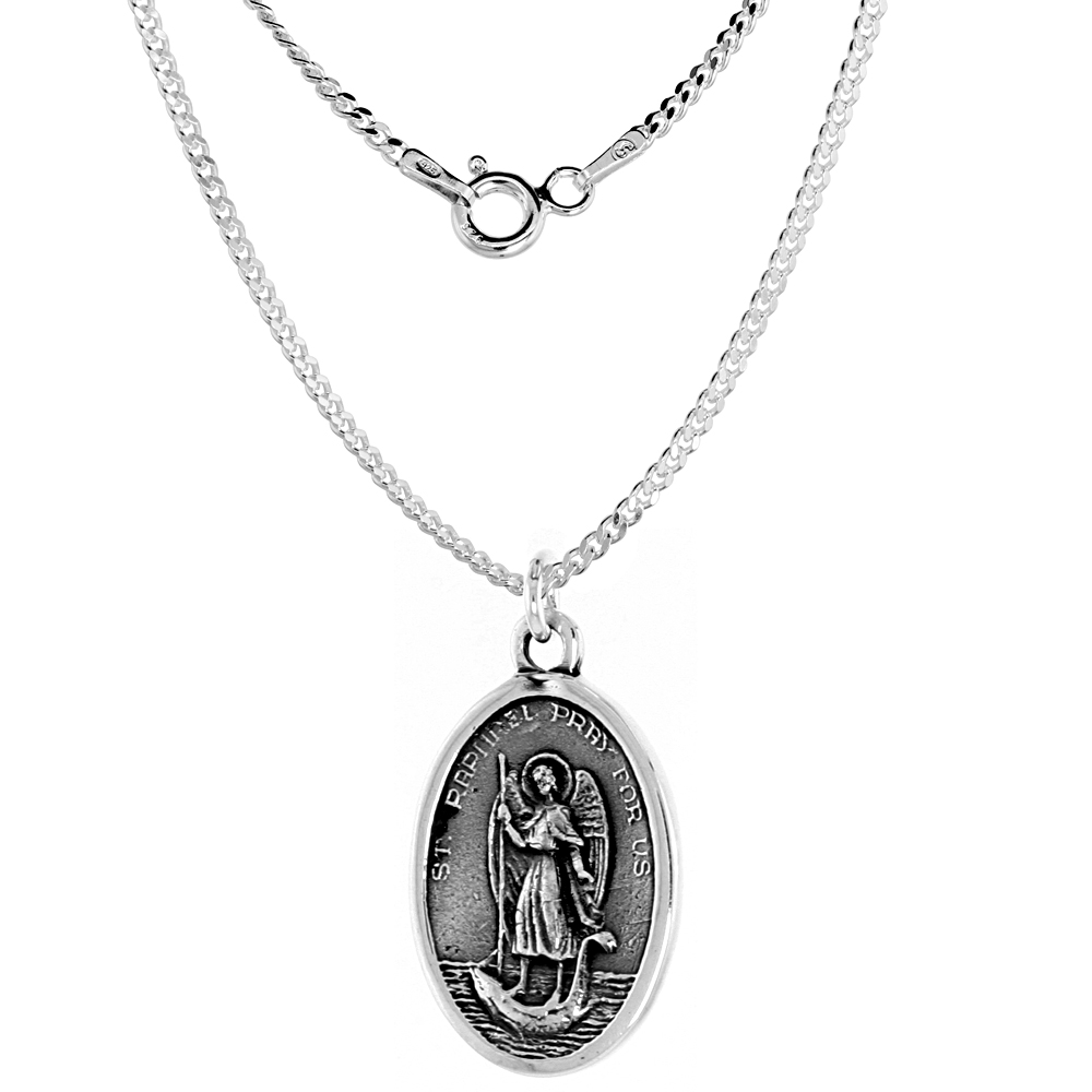 Sterling Silver St Raphael and Our Lady of Loreto Medal Necklace Oxidized finish Oval 1.8mm Chain