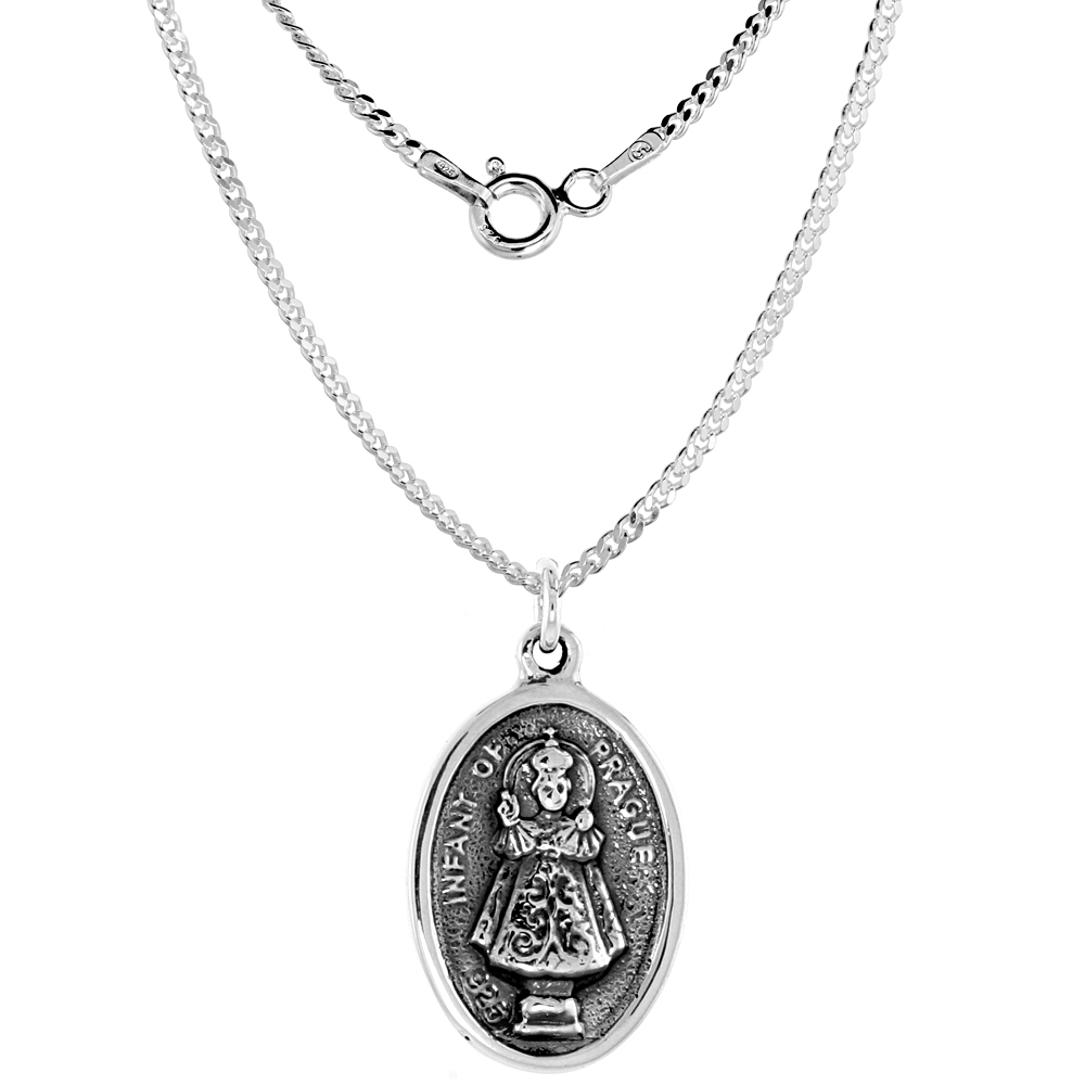 Sterling Silver Infant of Prague and Sacred Heart Medal Necklace Oxidized finish Oval 1.8mm Chain