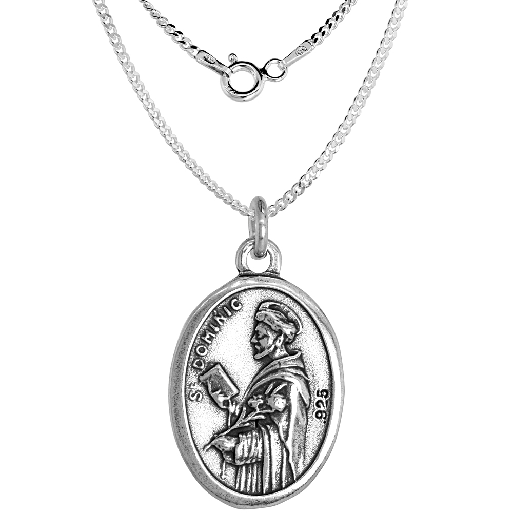 Sterling Silver St Dominic and Queen of the Most Holy Rosary Medal Pendant Oxidized finish 1 inch 0.8mm Chain