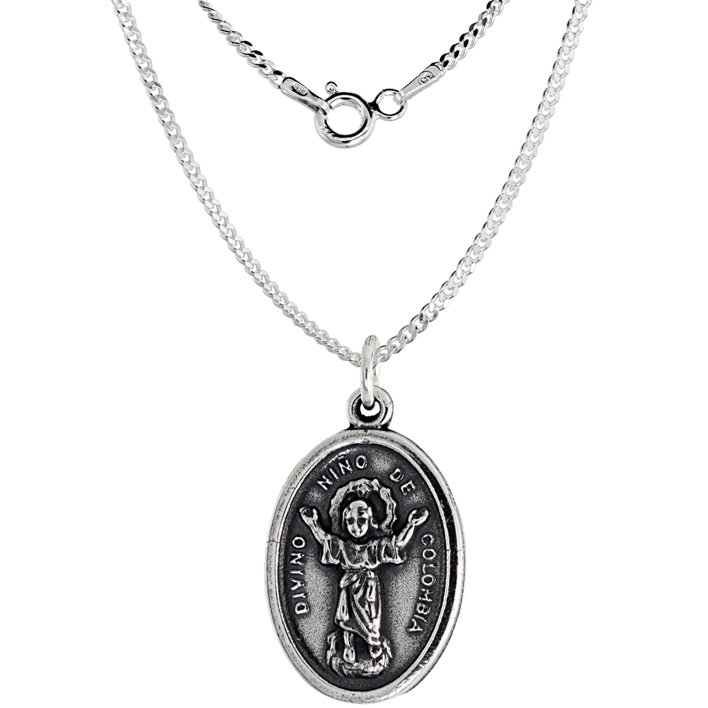 Sterling Silver Divino Nino De Colombia Medal Necklace Oxidized finish Oval 1.8mm Chain