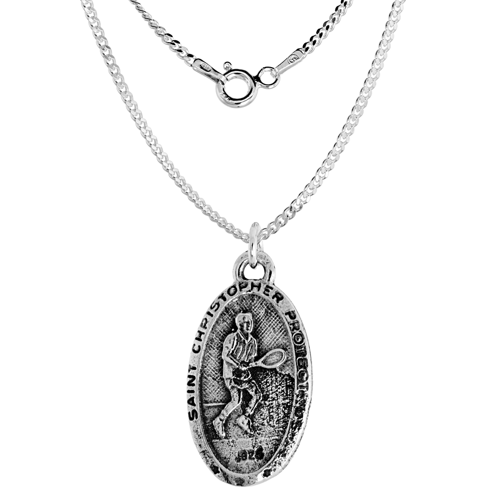 Sterling Silver St Christopher Medal Pendant Oxidized finish for Tennis Player Oval 1.8mm Chain
