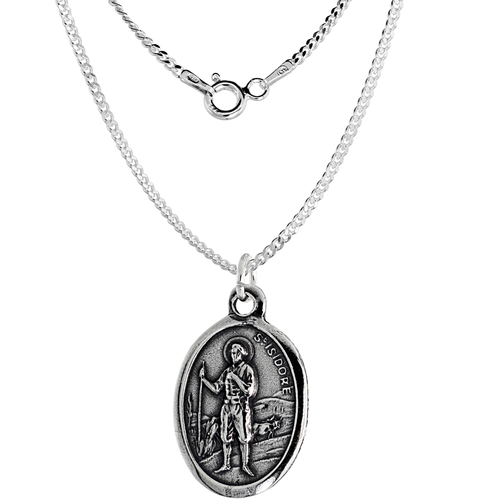 Sterling Silver St Isidore Medal Necklace Oxidized finish Oval 1.8mm Chain