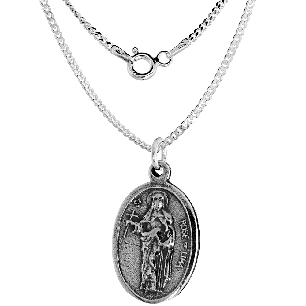 Sterling Silver St Rose of Lima Medal Necklace Oxidized finish Oval 1.8mm Chain