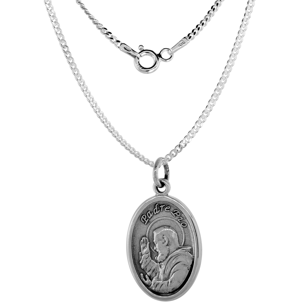 Sterling Silver St Padre Pio Medal Pendant Oxidized finish Oval 7/8 inch