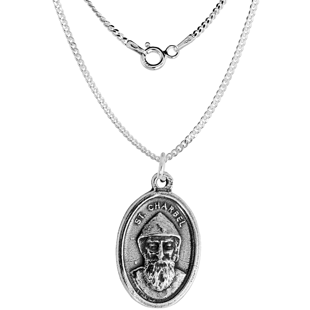 Sterling Silver St Charbel Medal Necklace Oxidized finish Oval 1.8mm Chain