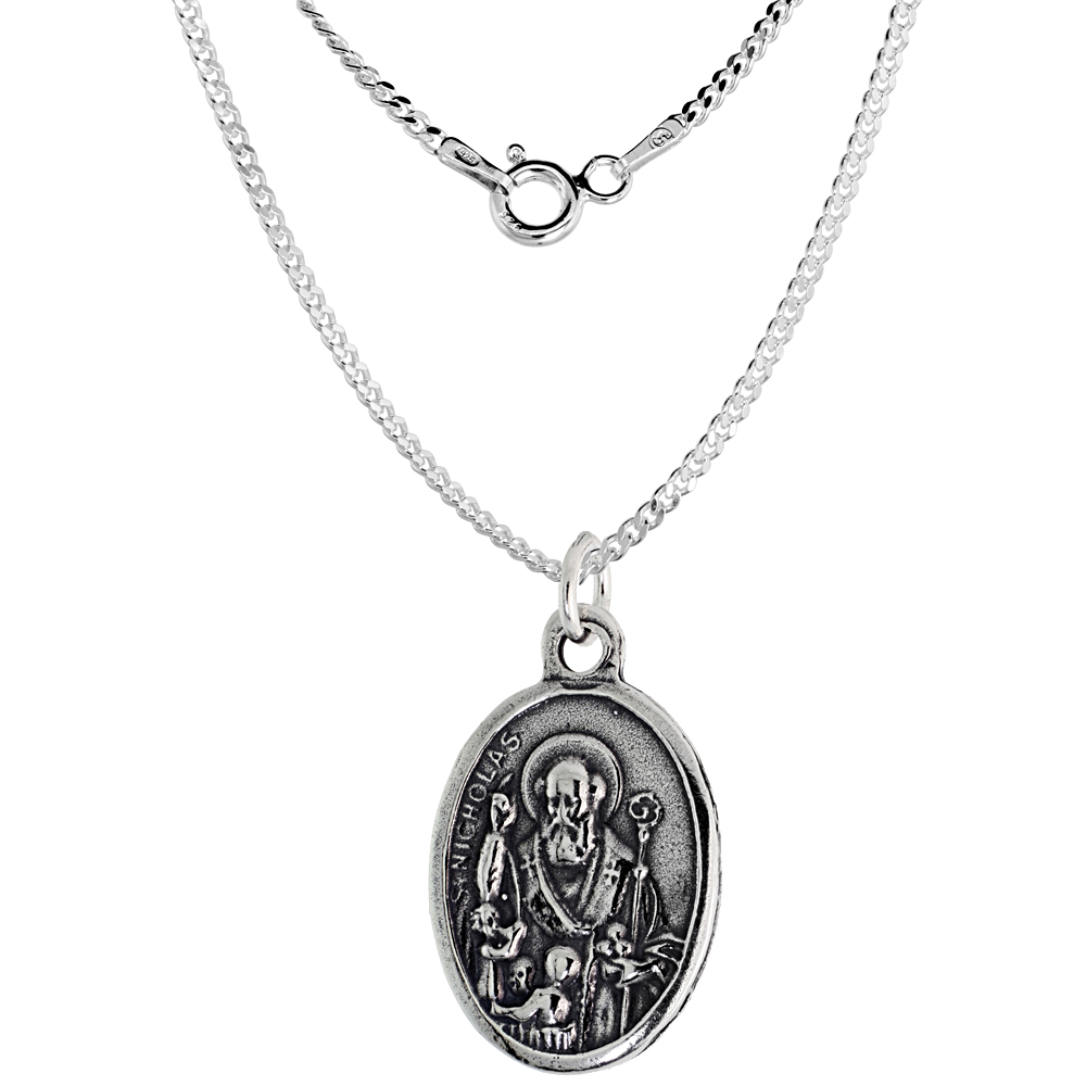 Sterling Silver St Nicholas Medal Necklace Oxidized finish Oval 1.8mm Chain