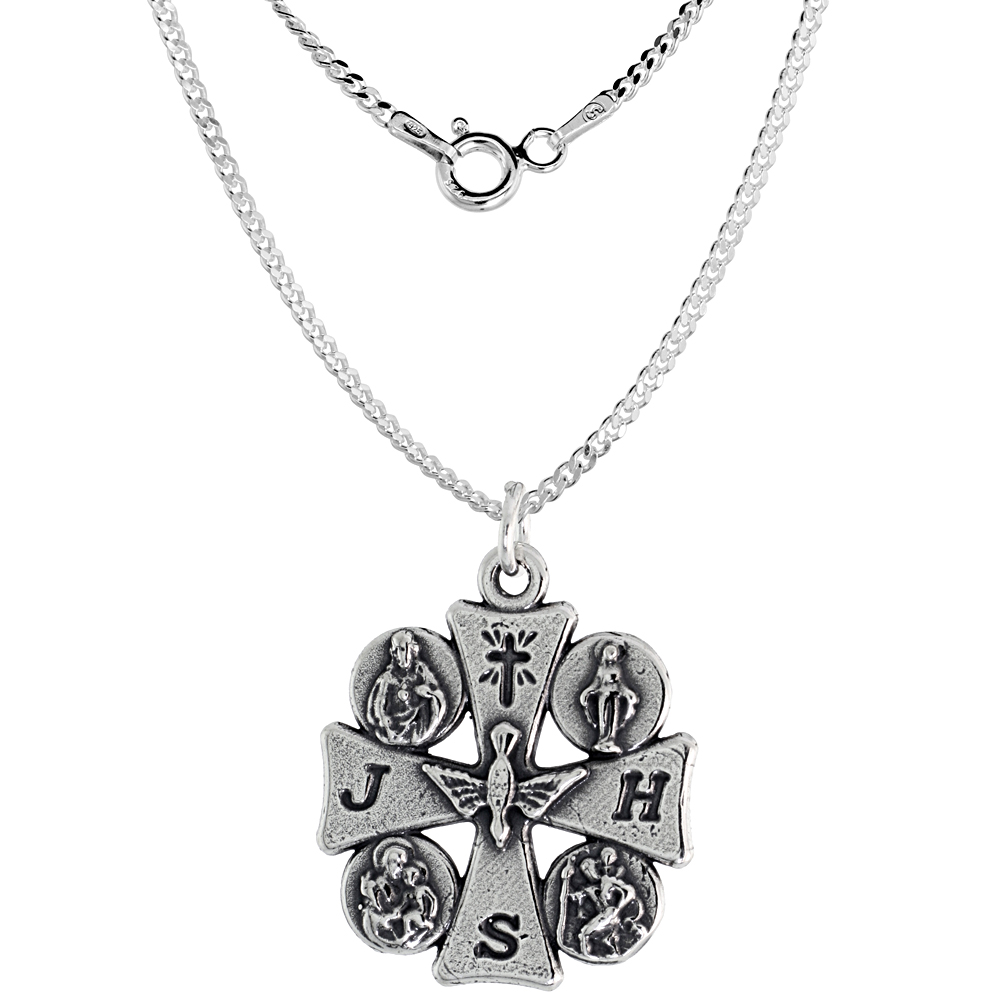 Sterling Silver 4 Way Medal Necklace Oxidized finish Maltese Cross Cutout 1 inch