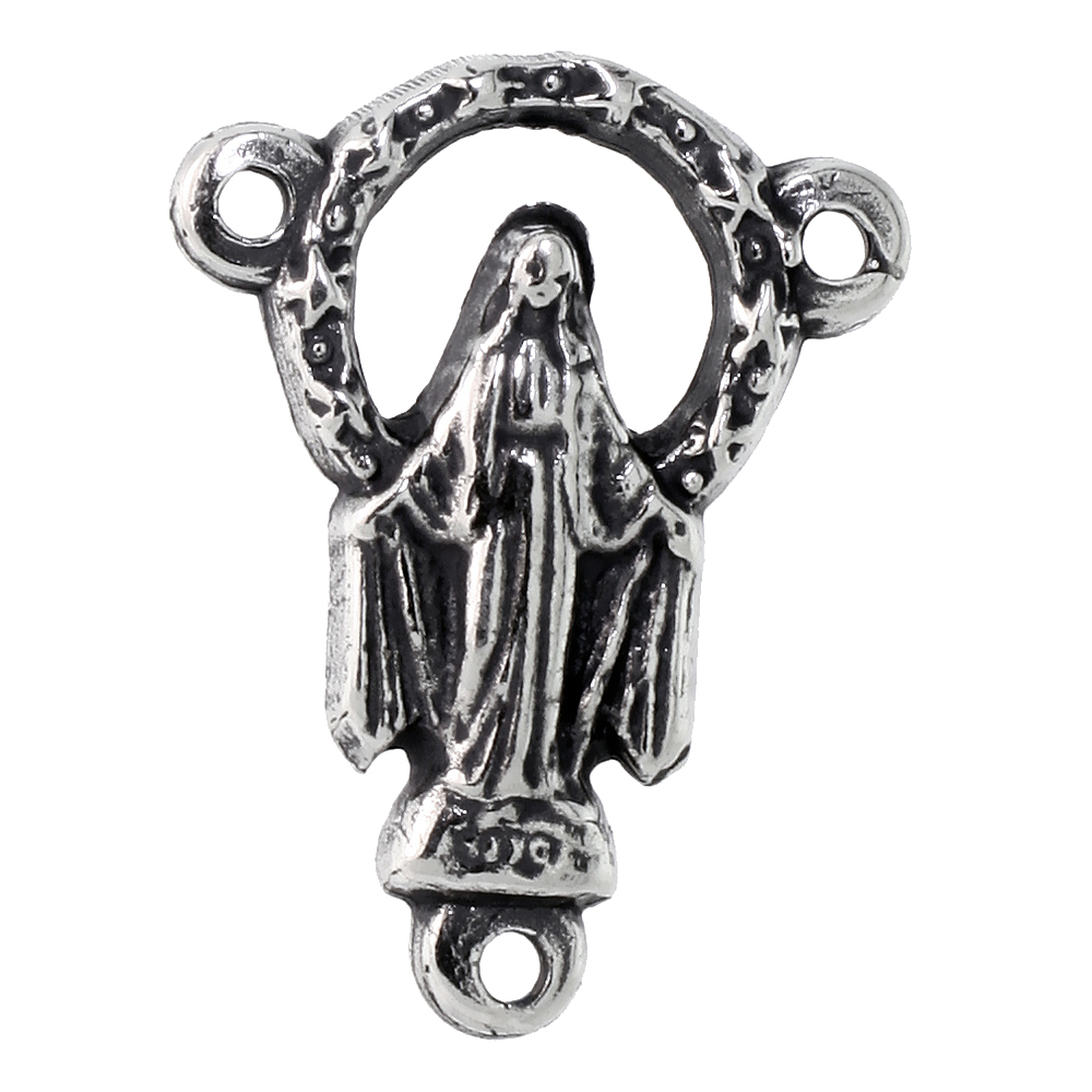 Sterling Silver Virgin Mary Miraculous Medal Pendant Oxidized finish Rosary Center 3/4 inch