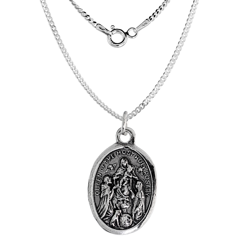 Sterling Silver Queen of the Most Holy Rosary Medal Necklace Oxidized finish Oval 1.8mm Chain