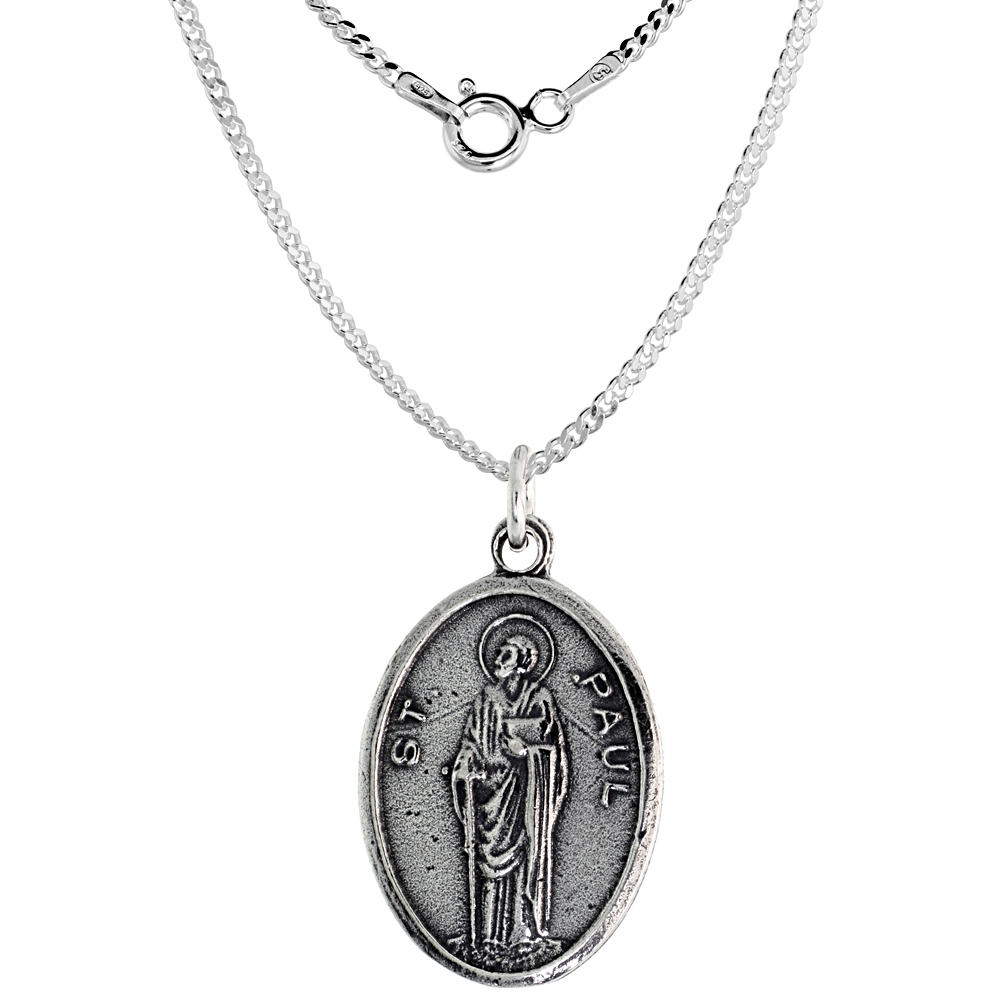 Sterling Silver St Paul Medal Pendant Oxidized finish Oval 7/8 inch