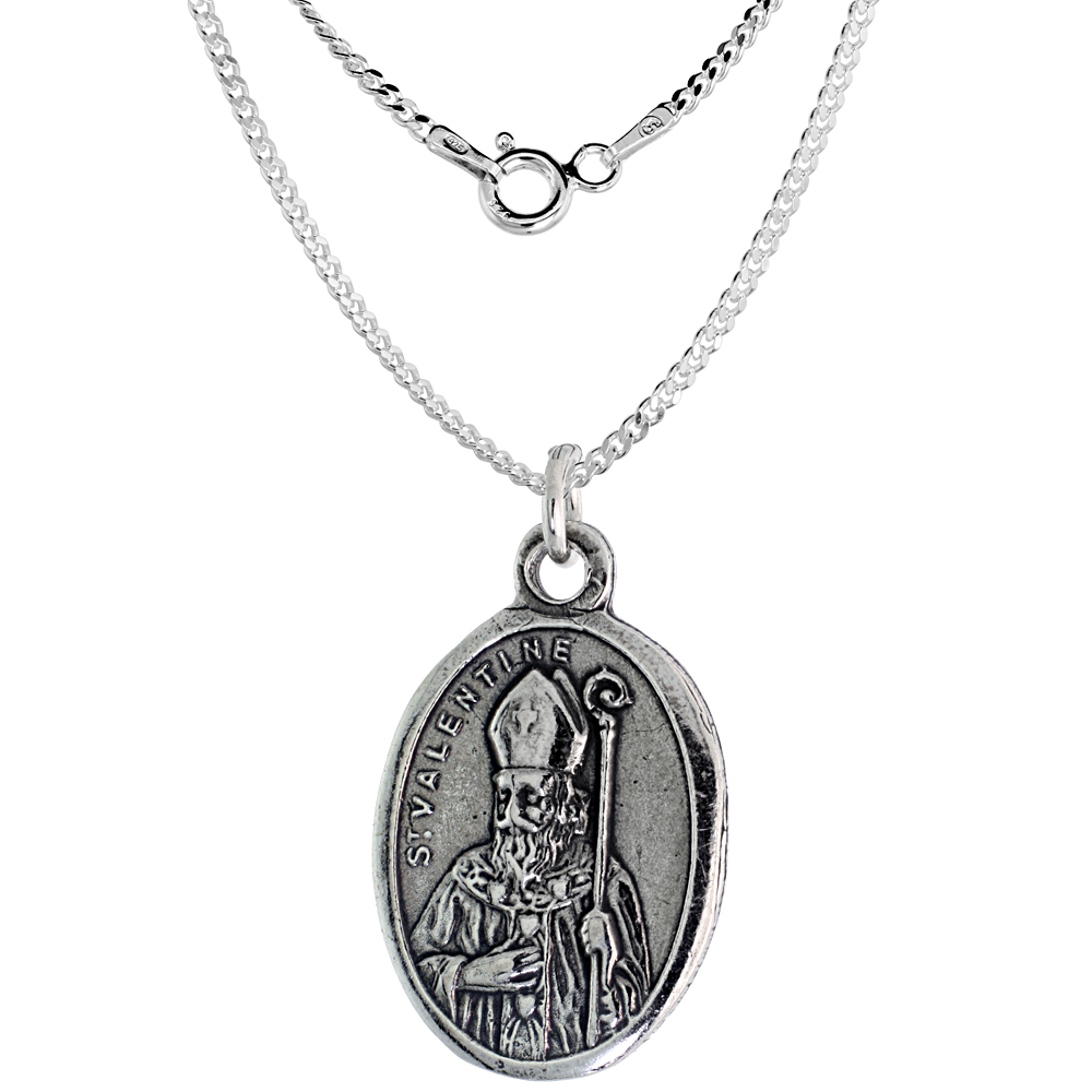 Sterling Silver St Valentine Medal Pendant Oxidized finish Oval 7/8 inch
