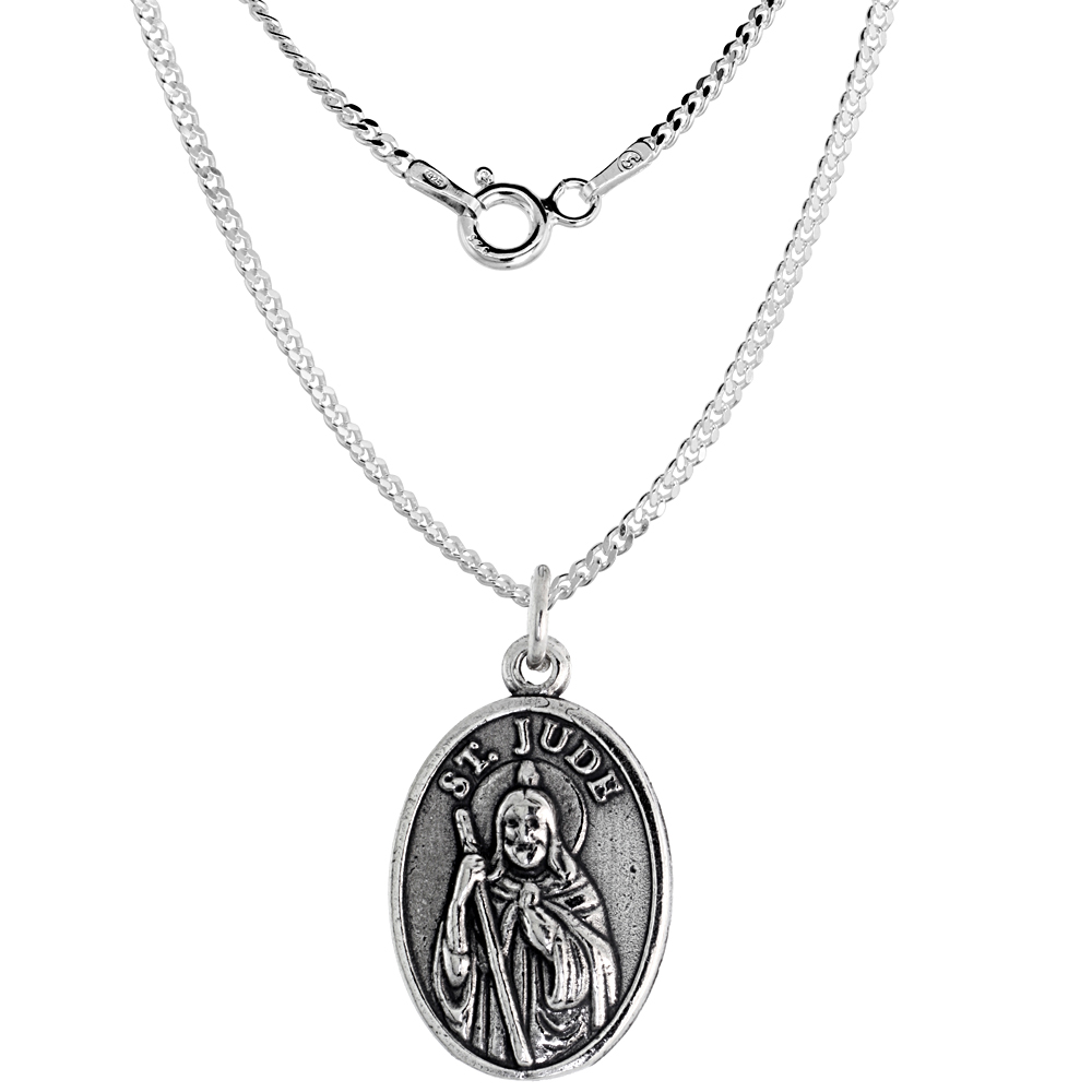 Sterling Silver St Jude Medal Pendant Oxidized finish Oval 7/8 inch