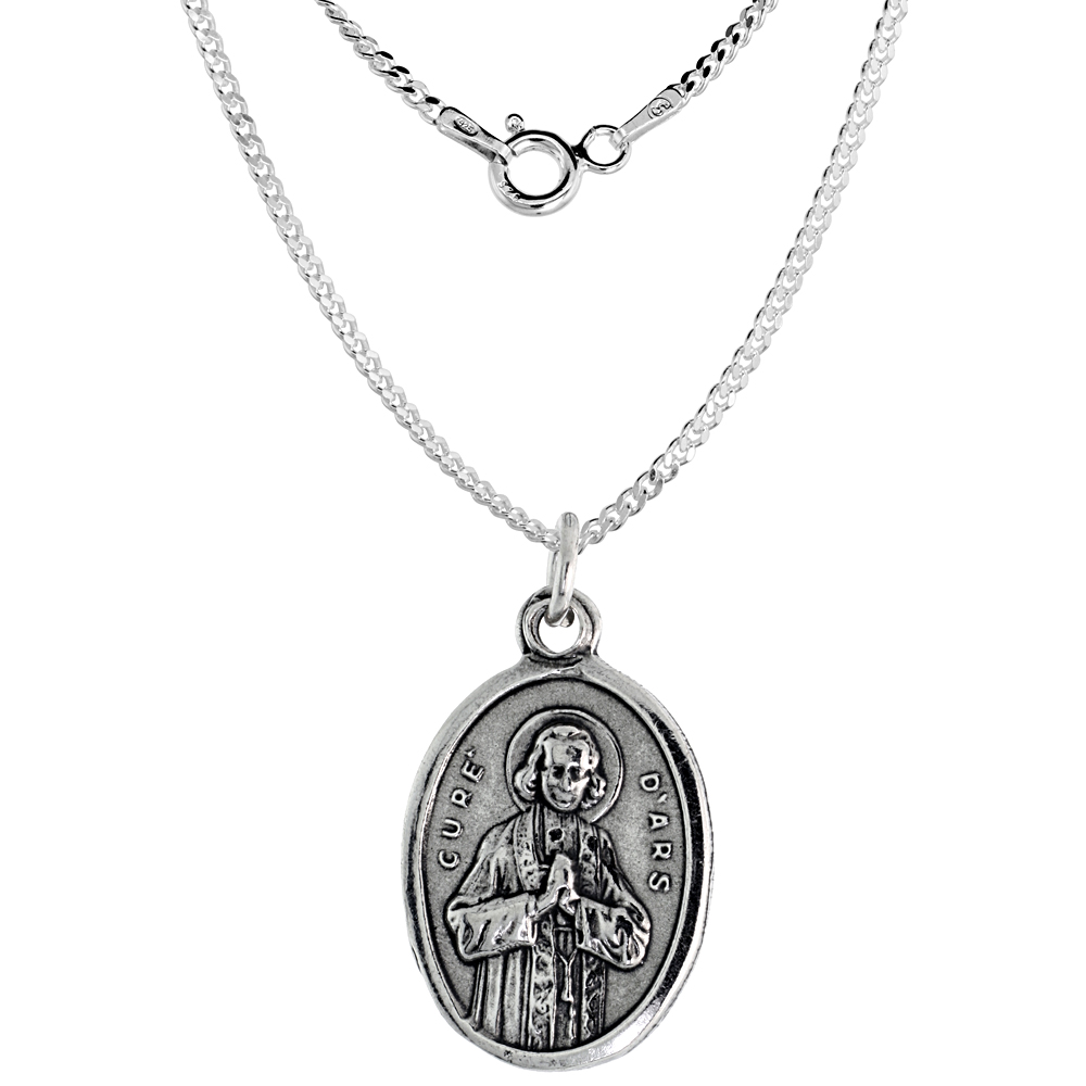 Sterling Silver St John Vianney Medal Necklace Oxidized finish Oval 1.8mm Chain