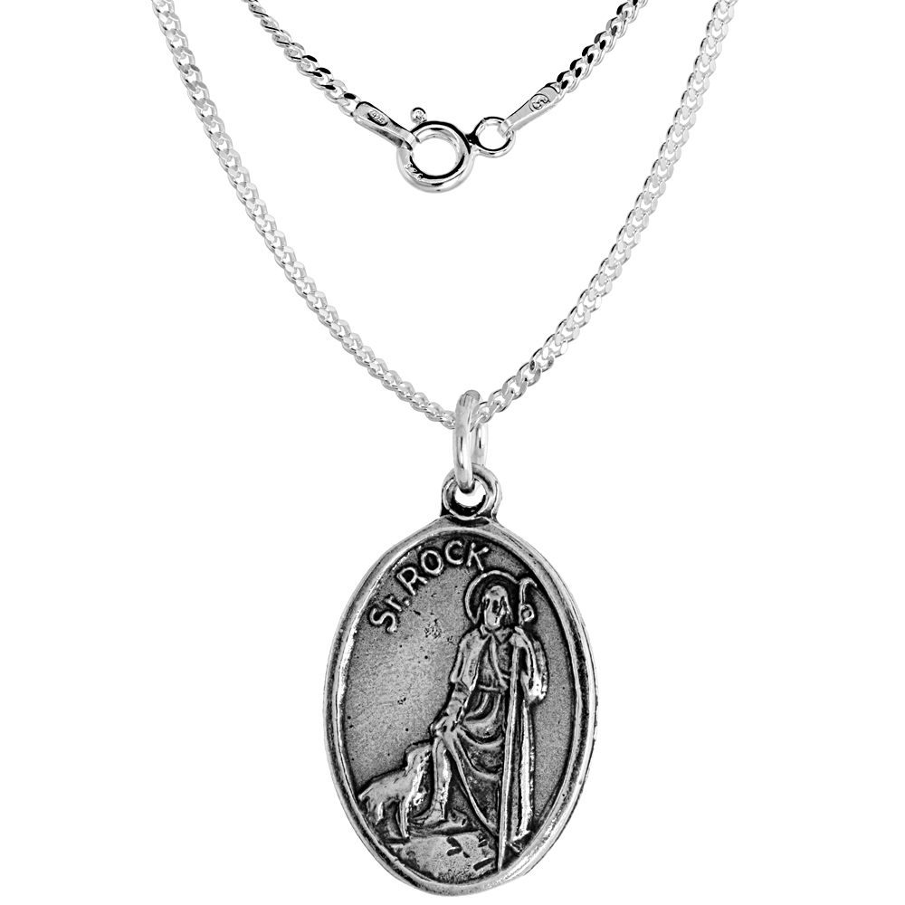 Sterling Silver St Rock St Roch Medal Pendant Oxidized finish Oval 7/8 inch