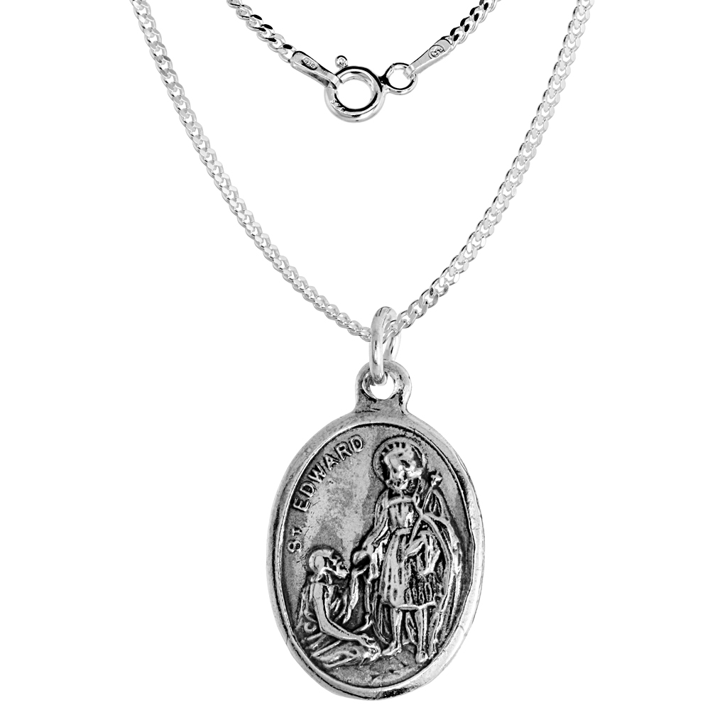 Sterling Silver St Edward Medal Pendant Oxidized finish Oval 7/8 inch