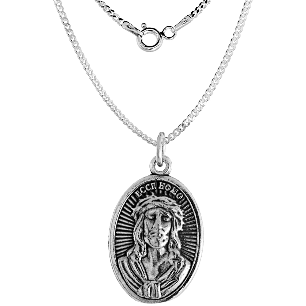 Sterling Silver Jesus Christ Crown of Thorns Mater Dolorosa Medal Necklace Oxidized finish Oval 1.8mm Chain