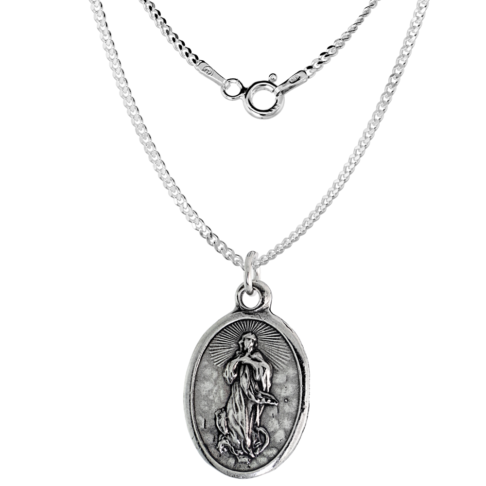 Sterling Silver Guardian Angel Medal Necklace Oxidized finish Oval 1.8mm Chain
