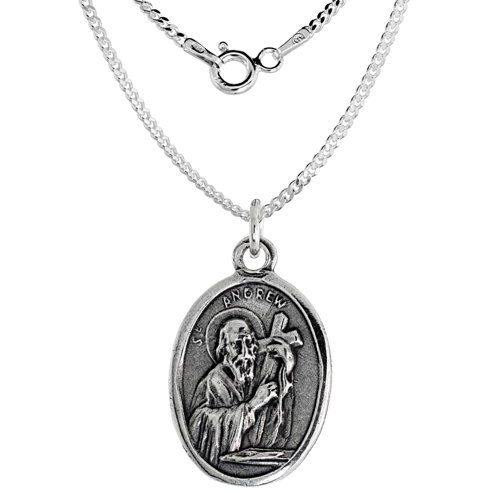 Sterling Silver St Andrew Medal Necklace Oxidized finish Oval 1.8mm Chain