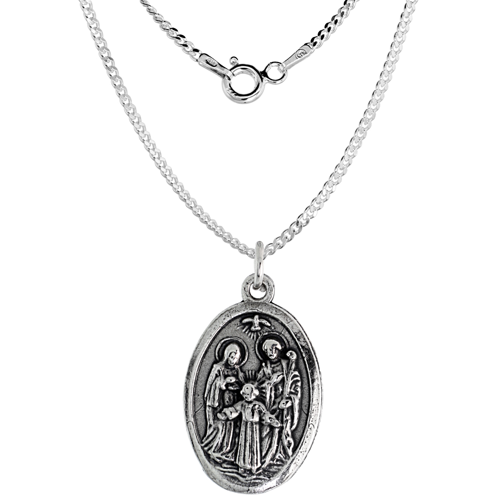 Sterling Silver Holy Family St Joseph Blessed Virgin Mary & Child Jesus Medal Pendant Oxidized finish Oval 7/8 inch