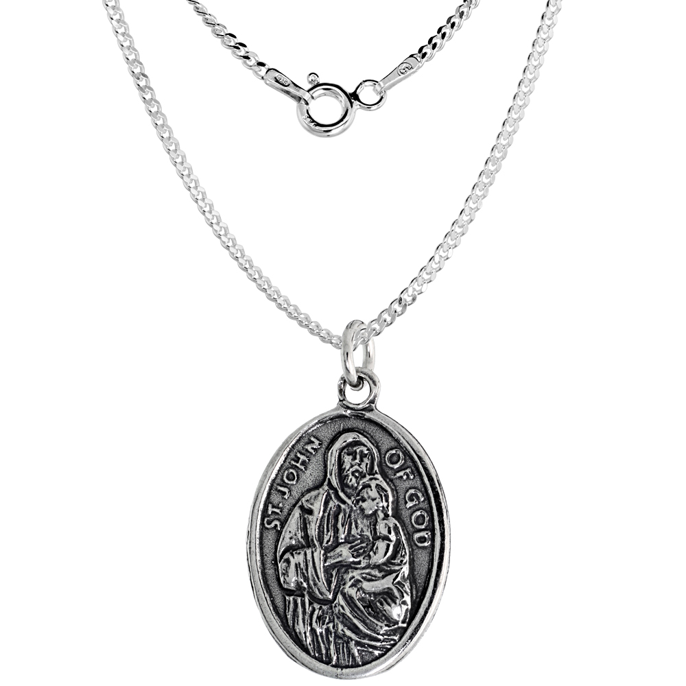 Sterling Silver St John of God San Juan de Dios Medal Pendant Oxidized finish Oval 7/8 inch