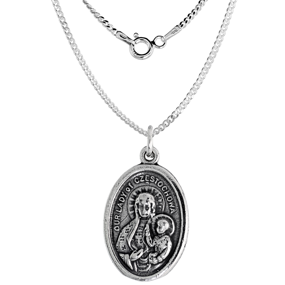 Sterling Silver Our Lady of Czestochowa Joannes Paulus II Medal Necklace Oxidized finish Oval 1.8mm Chain