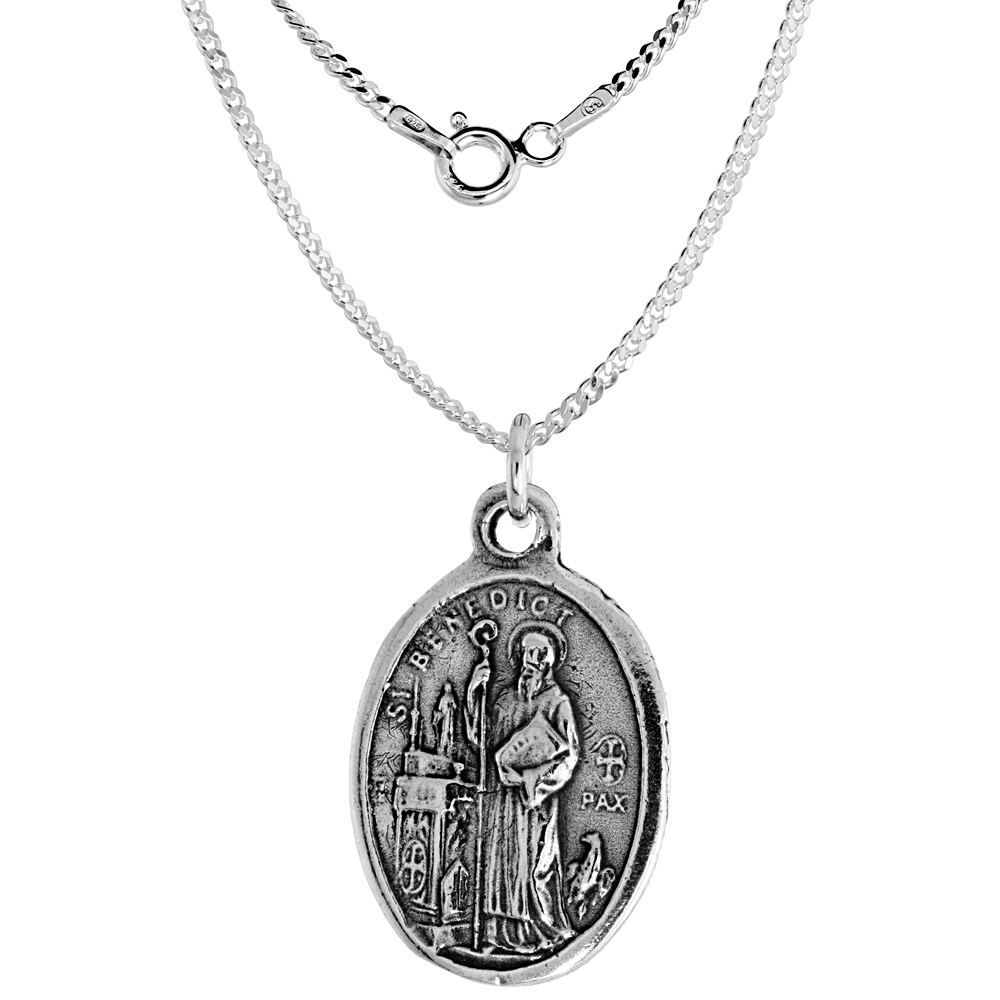 7/8 inch Oval Sterling Silver San Benedetto de Norcia Medal Necklace Oxidized finish Available with or without Chain
