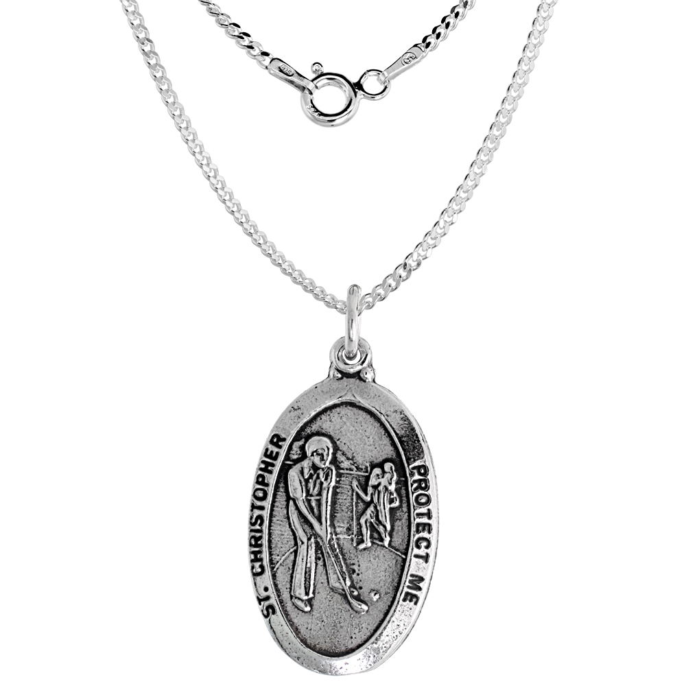 Sterling Silver St Christopher Medal Necklace Oxidized finish for Golf Players Oval 1.8mm Chain