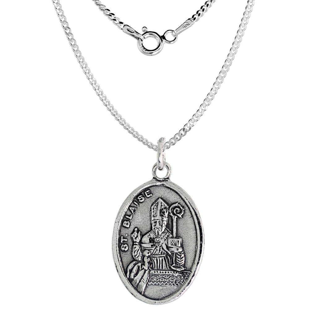Sterling Silver St Blaise Medal Pendant Oxidized finish Oval 7/8 inch