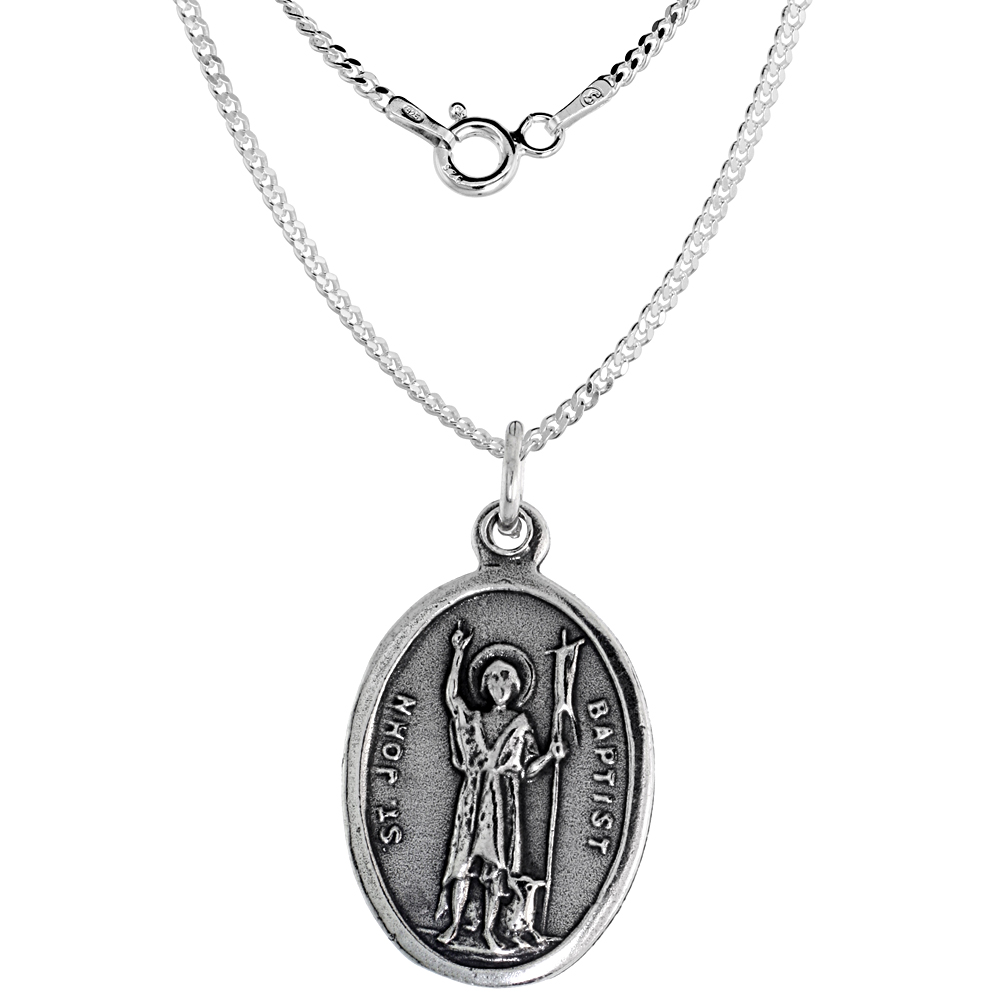 Sterling Silver St John Medal Pendant Oxidized finish Oval 7/8 inch
