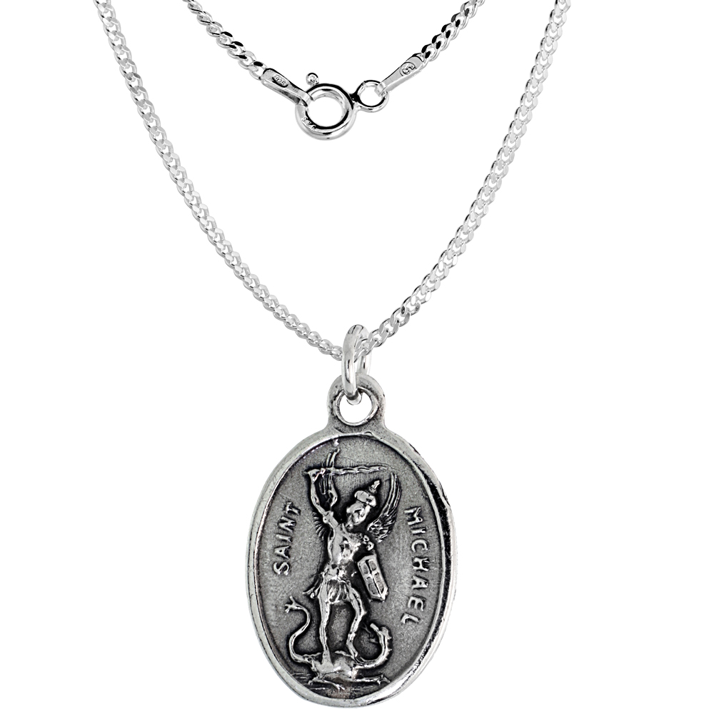 Sterling Silver St Michael Medal Necklace Oxidized finish Oval 1.8mm Chain
