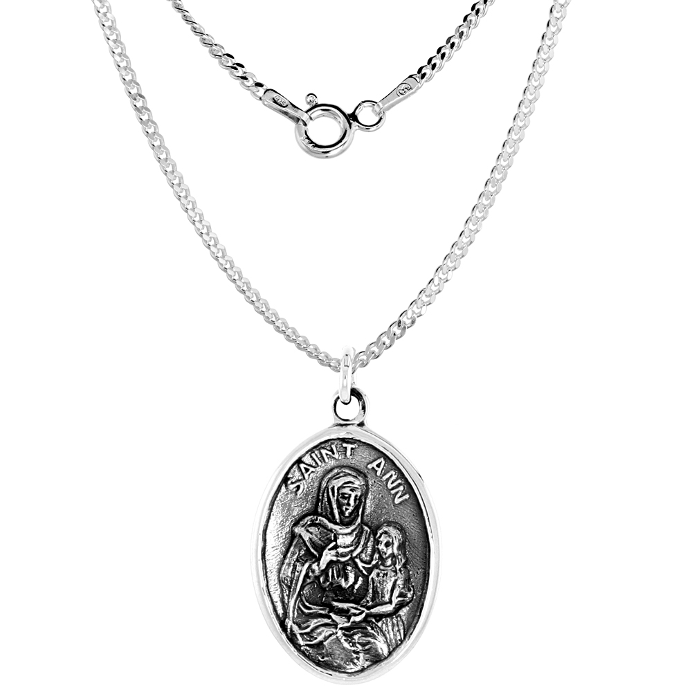 Sterling Silver Saint Ann Medal Pendant Oxidized finish Oval 1 inch