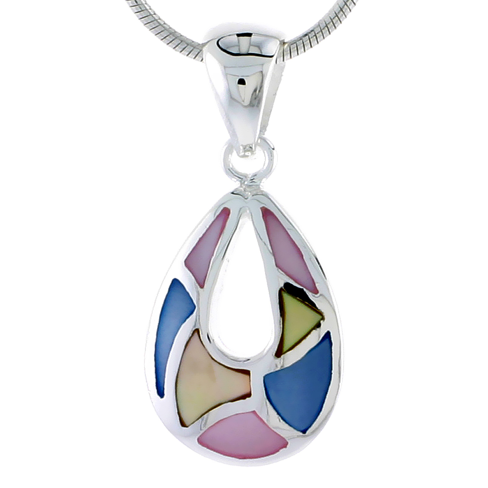 Sterling Silver Pear-shaped Pink, Blue & Light Yellow Mother of Pearl Inlay Pendant, 11/16" (17 mm) tall