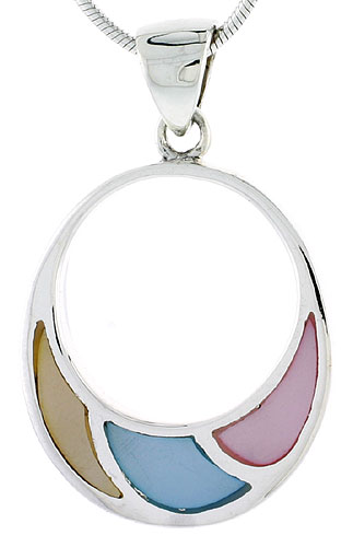 Sterling Silver Circle Pink, Blue &amp; Light Yellow Mother of Pearl Inlay Pendant, 15/16&quot; (24 mm) tall 